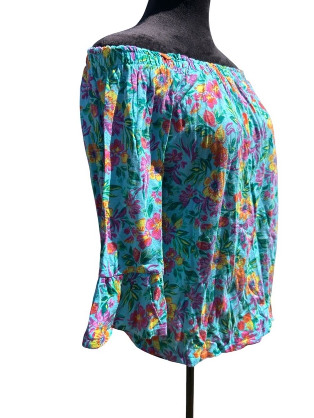Stella Parker Teal Floral Off the Shoulder Cotton Blouse Ruffle Sleeve Large - Picture 6 of 9